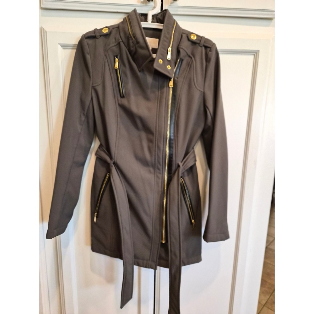 Michael Kors Womens XS Gray Softshell Jacket Faux Fur Lined Hooded Belted Trench - Picture 2 of 15